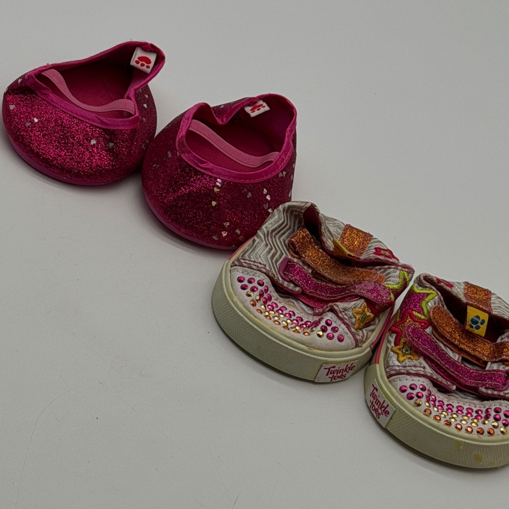 Build A Bear Skechers Twinkle Toes Sneaker and Pink Glitter Flats Doll Shoes Lot